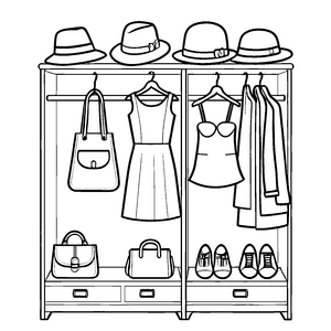 Kreativer Kleiderschrank mit Hüten und trendigen Outfits Ausmalbild für modische Entdecker von morgen