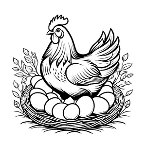 Schickes Huhn auf gemütlichem Nest mit Eiern Ausmalbild für fantasievolle Tierentdecker