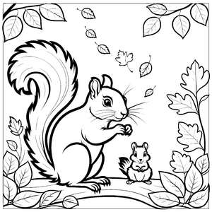 Lustiges Eichhörnchen mit Apfel und Blättern Ausmalbild für neugierige Entdecker mit kreativen Ideen