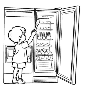 Lebhafter Kühlschrank voller leckerer Snacks Malvorlage für kleine Feinschmecker