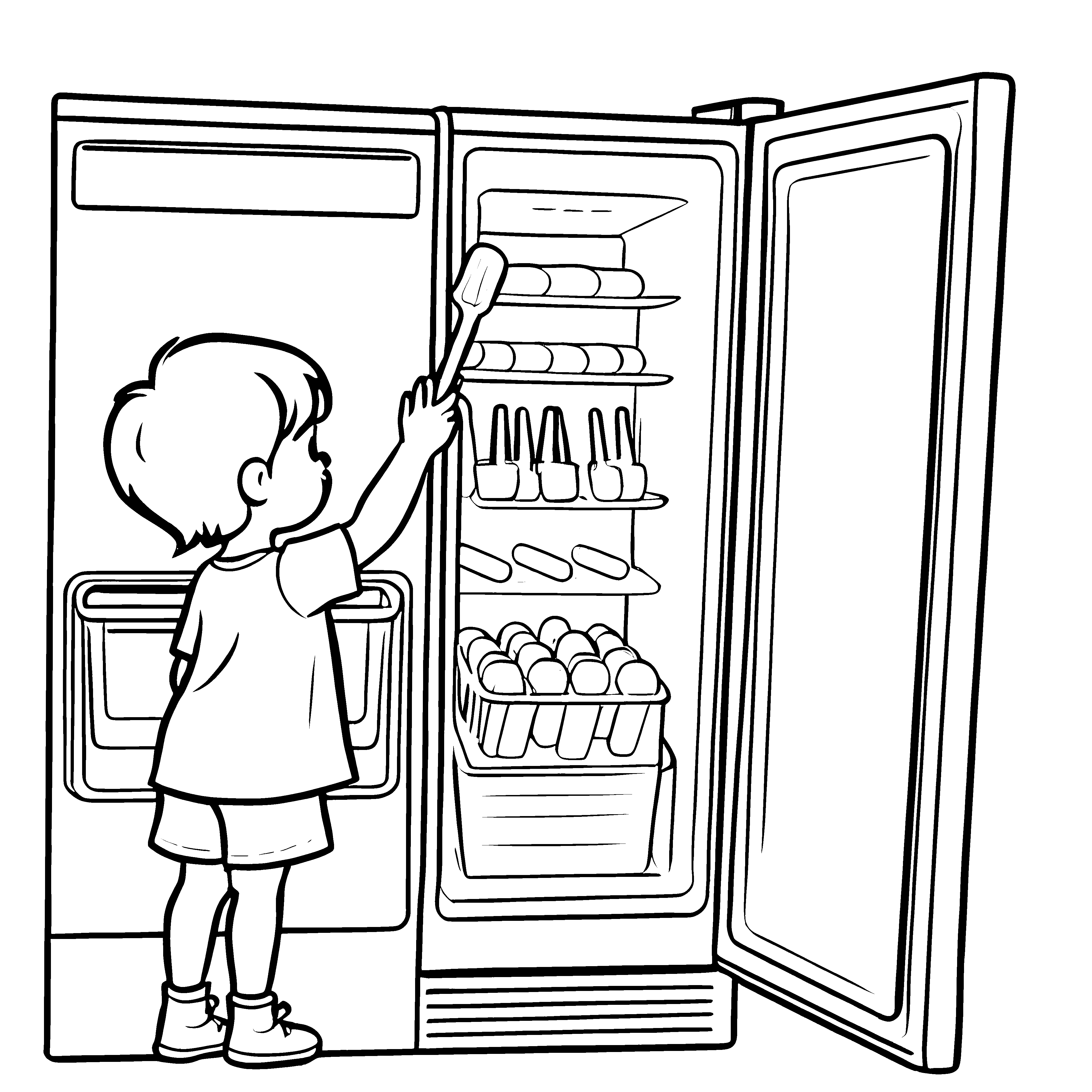 Lebhafter Kühlschrank voller leckerer Snacks Malvorlage für kleine Feinschmecker
