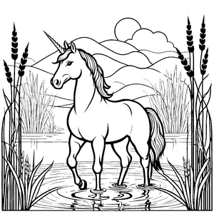 Majestätisches Einhorn im klaren Wasser Ausmalbild für fabelhafte Wassermagier
