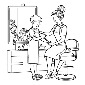 Fantasievolles Haarschnitt-Abenteuer im Friseursalon Ausmalbild für kleine Haarzauberer