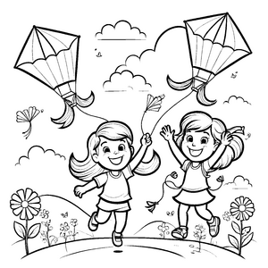 Lebhafte Mädchen mit bunten Kites auf der Wiese Ausmalbild für fröhliche Abenteuerlustige und kleine Himmelszauberer