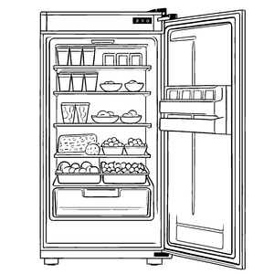 Schmackhafter Kühlschrank mit bunten Früchten Ausmalbild für kleine Küchenzauberer