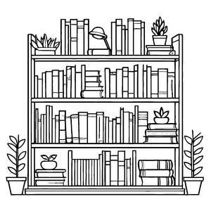 Vielfältiger Bücherschrank mit interessanten Deko-Elementen Ausmalmotiv für wissbegierige Hobby-Künstler