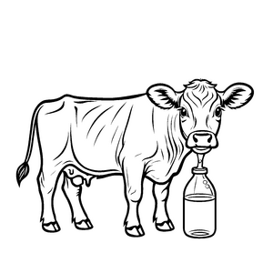Frohe Kuh mit Flasche in der Hand Ausmalvorlage für kleine Entdeckerherzen