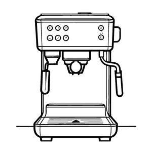 Kreative Espressomaschine mit leuchtenden Knöpfen Ausmalbild für kleine Kaffeezauberer