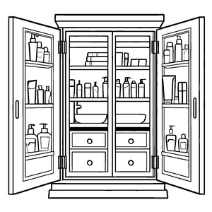 Kreativer Badezimmerschrank mit geheimnisvollen Flaschen Malvorlage für fantasievolle Entdecker mit viel Neugier