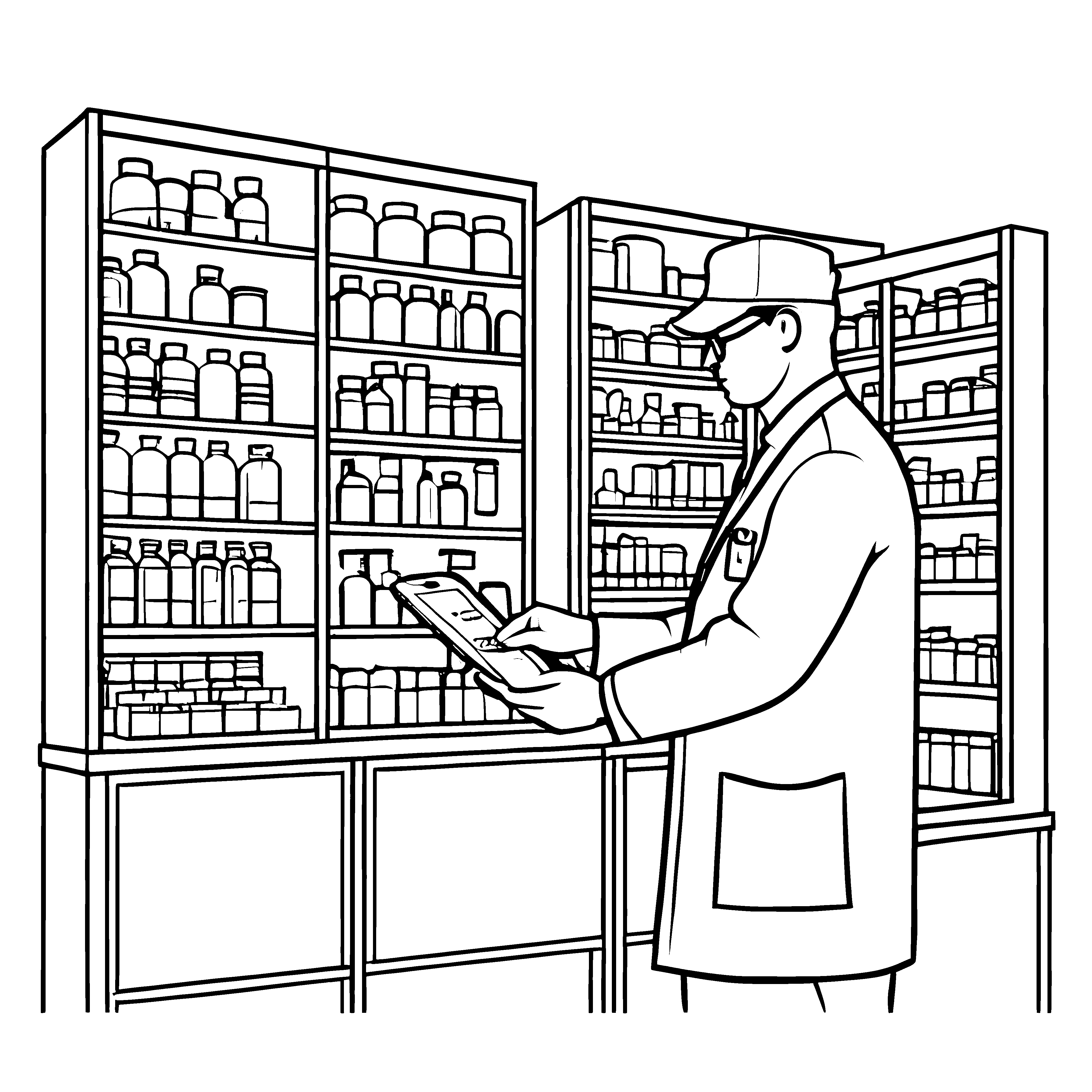 Faszinierender Apotheker vor bunten Fläschchen Ausmalmotiv für kleine Gesundheits-Entdecker