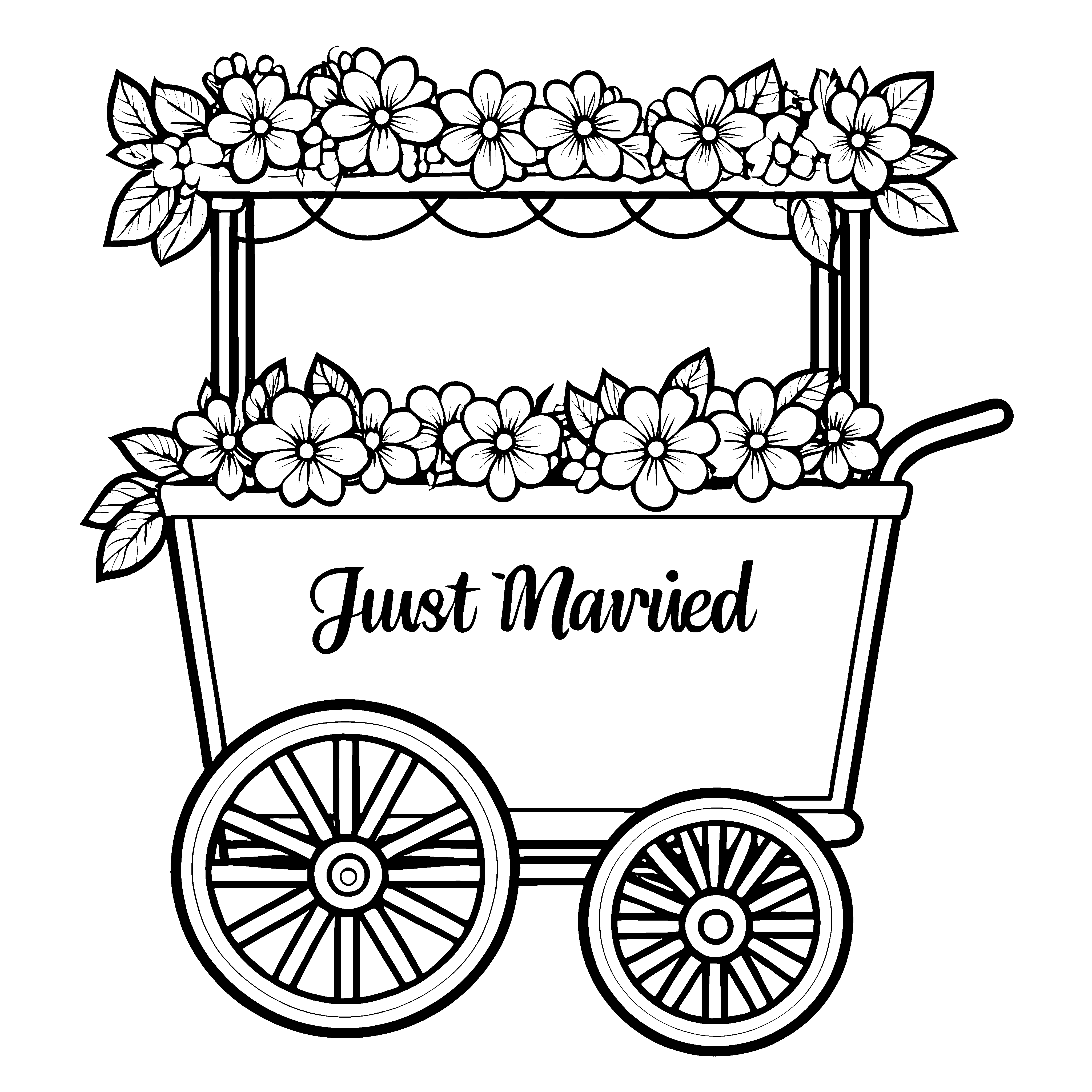 Traumhaftes Hochzeitsfahrzeug mit duftenden Blumen Ausmalmotiv für fantasievolle Feierkinder