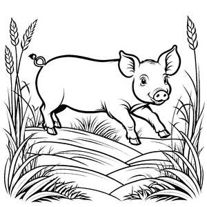 Bezauberndes Hängebauchschwein-Ferkel im hohen Gras Ausmalbild für kleine Naturentdecker