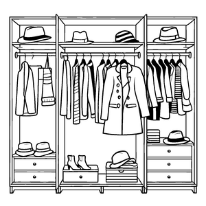 Kreativer Kleiderschrank mit Hüten und flauschigen Mänteln Malvorlage für neugierige Modefans