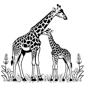 Zwei niedliche Giraffen im saftigen Gras Malvorlage für junge Tierliebhaber voller Neugier