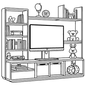 Gemütlicher TV-Schrank mit kuscheligen Teddybären Ausmalvorlage für fantasievolle Entdecker
