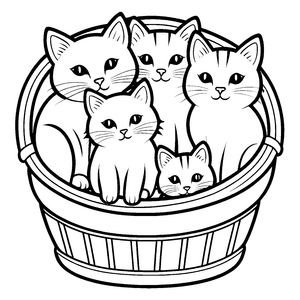 Sechs süße Katzen schmusen zusammen im Korb Ausmalmotiv für liebevolle Tierfreunde und kreative Träumer