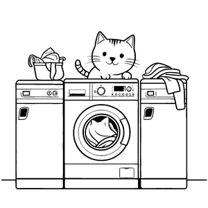 Katzenfreundliche Waschmaschine mit neugierigem Stubentiger Ausmalmotiv für kleine Entdecker