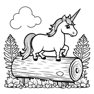 Verspieltes Einhorn auf einem Stamm mit Pflanzen Ausmalvorlage für fantasievolle Naturfreunde