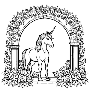 Bezauberndes Einhorn unter romantischem Rosenbogen Ausmalvorlage für träumende Kreativlinge