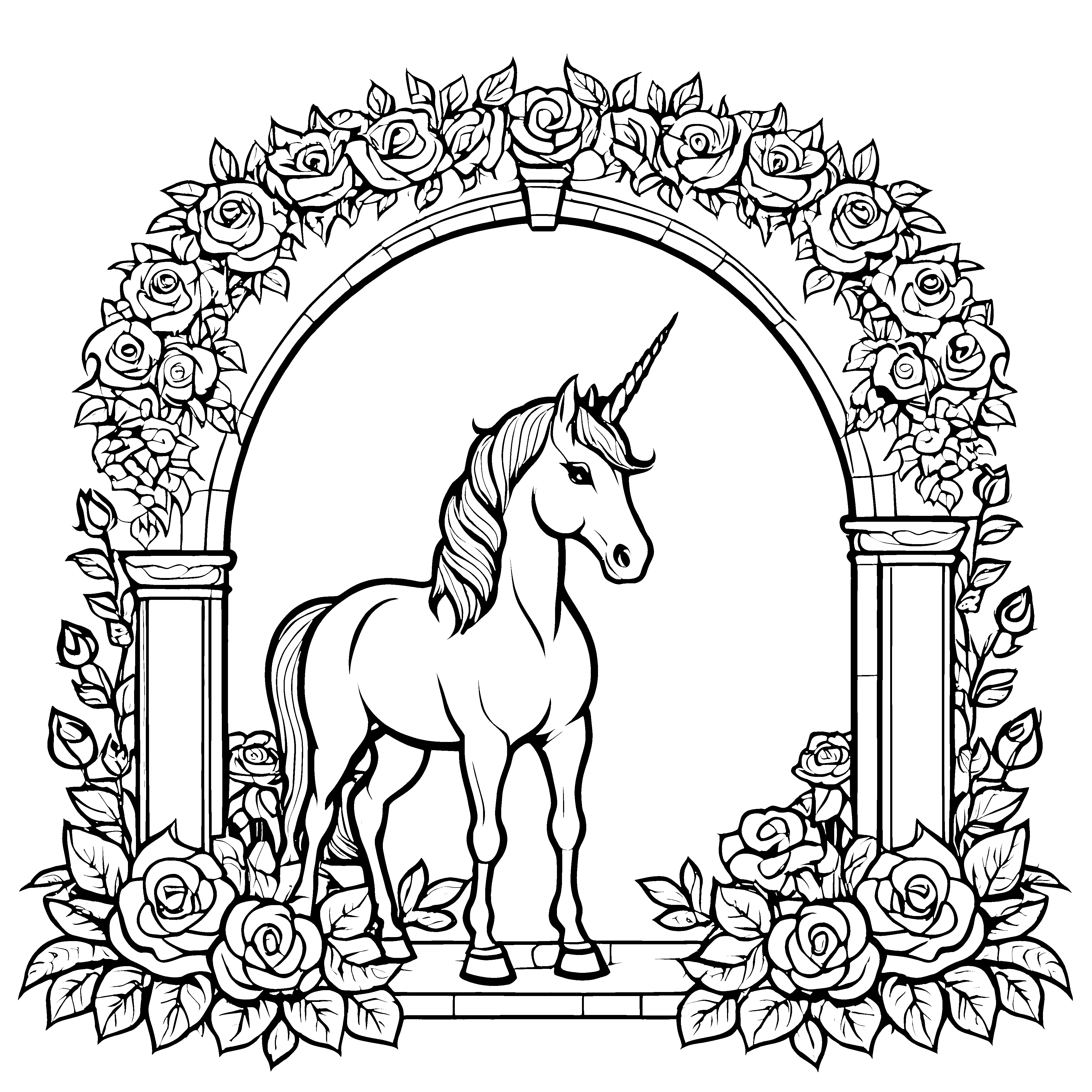 Bezauberndes Einhorn unter romantischem Rosenbogen Ausmalvorlage für träumende Kreativlinge