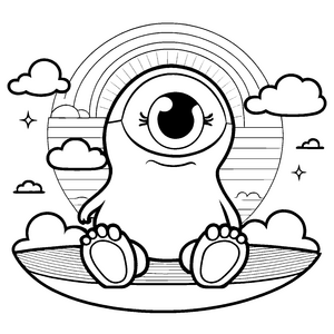 Zyklop mit großen Augen auf dem Surfbrett Ausmalvorlage für fantasievolle Künstler