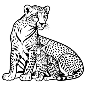Zärtliche Gepardenmama mit ihrem neugierigen Nachkommen Ausmalbild für kleine Naturentdecker voller Abenteuer