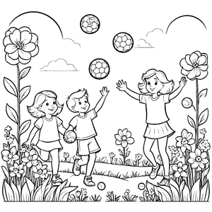Drei fröhliche Kinder spielen mit Bällen im Frühling Ausmalvorlage für kleine Bewegungsfreunde