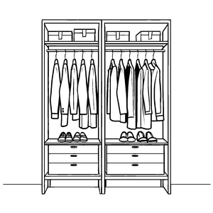 Gemütlicher Kleiderschrank mit stylischen Schuhen und Outfits Ausmalmotiv für kleine Fashion-Entdeckerinnen
