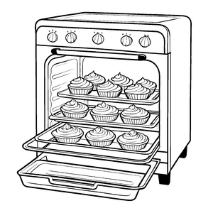 Leckerbunte Cupcake-Türme im warmen Ofen Ausmalbild für kleine Backzauberer