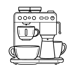 Kreative Kaffeemaschine mit bunten Kaffeetassen Ausmalbild für fröhliche Genussentdecker