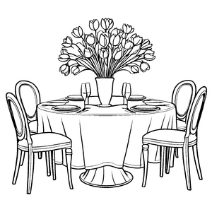 Bezaubernder runder Tisch mit Blumen und Gläsern Ausmalvorlage für festliche Genießer und kleine Feierstrolche