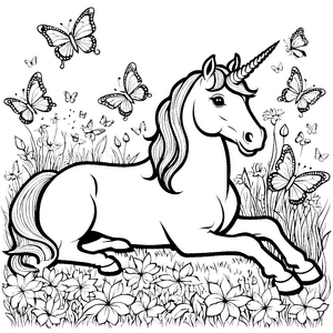 Fantasievolles Einhorn umgeben von tanzenden Schmetterlingen Ausmalvorlage für kleine Traumerfinder und abenteuerliche Farbmaler