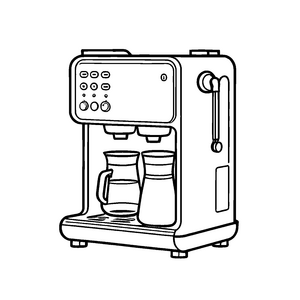 Zauberhafte Kaffeemaschine mit bunten Tassen Ausmalvorlage für kleine Genussabenteurer