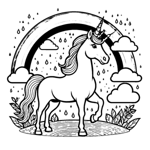 Stylisches Einhorn unter einem Regenbogen Malvorlage für kreative Traumweber