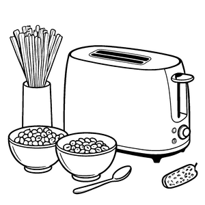 Fröhlicher Toaster mit drei bunten Schüsseln Malvorlage für hungrige Frühstücksentdecker
