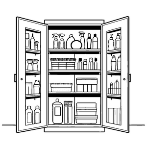 Gemütlicher Putzmittelschrank mit bunten Flaschen und Schalen Ausmalbild für neugierige Ordnungskünstler