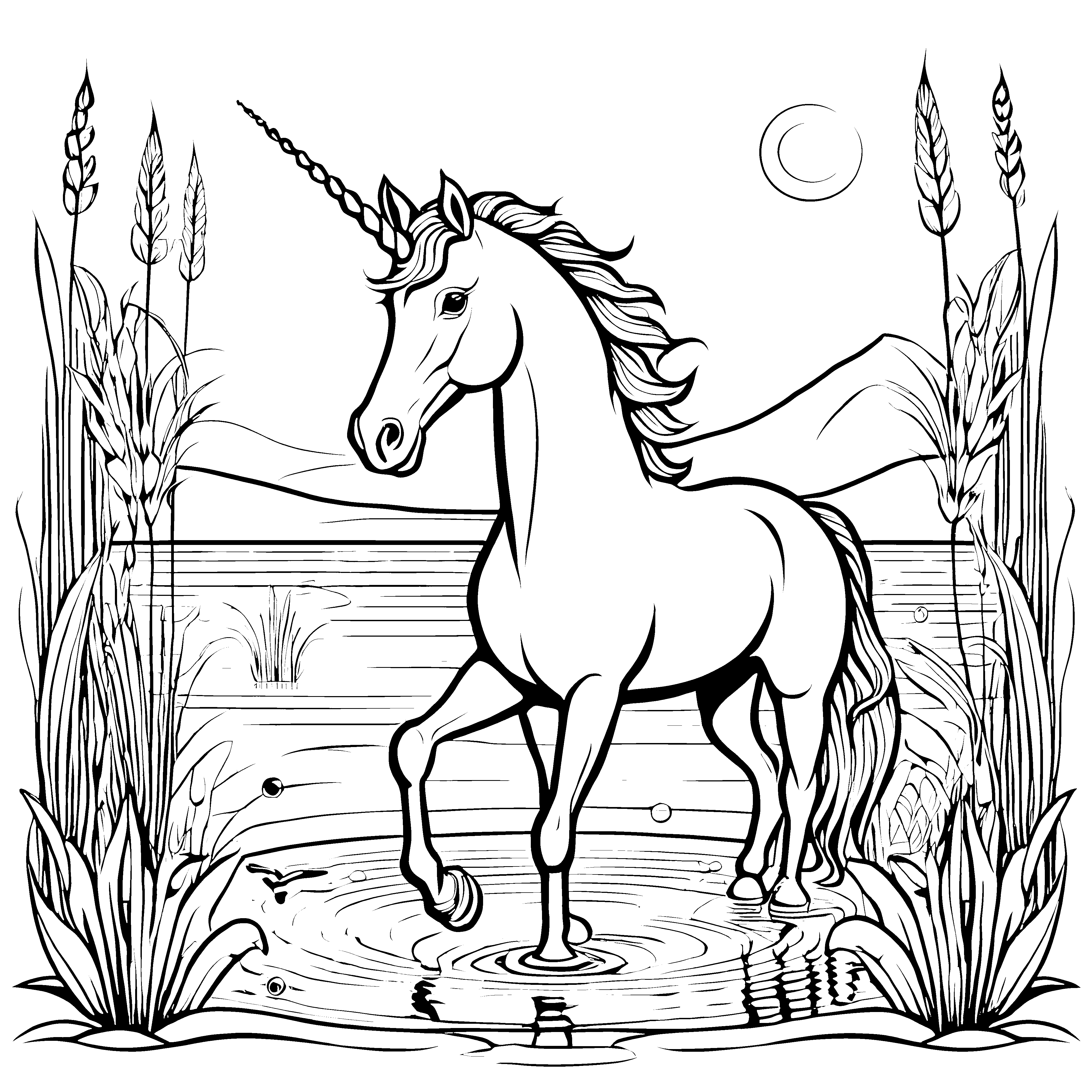 Glitzerndes Einhorn im ruhigen Wasser mit Pflanzen Ausmalvorlage für kleine Traumer und abenteuerliche Farbenthusiasten
