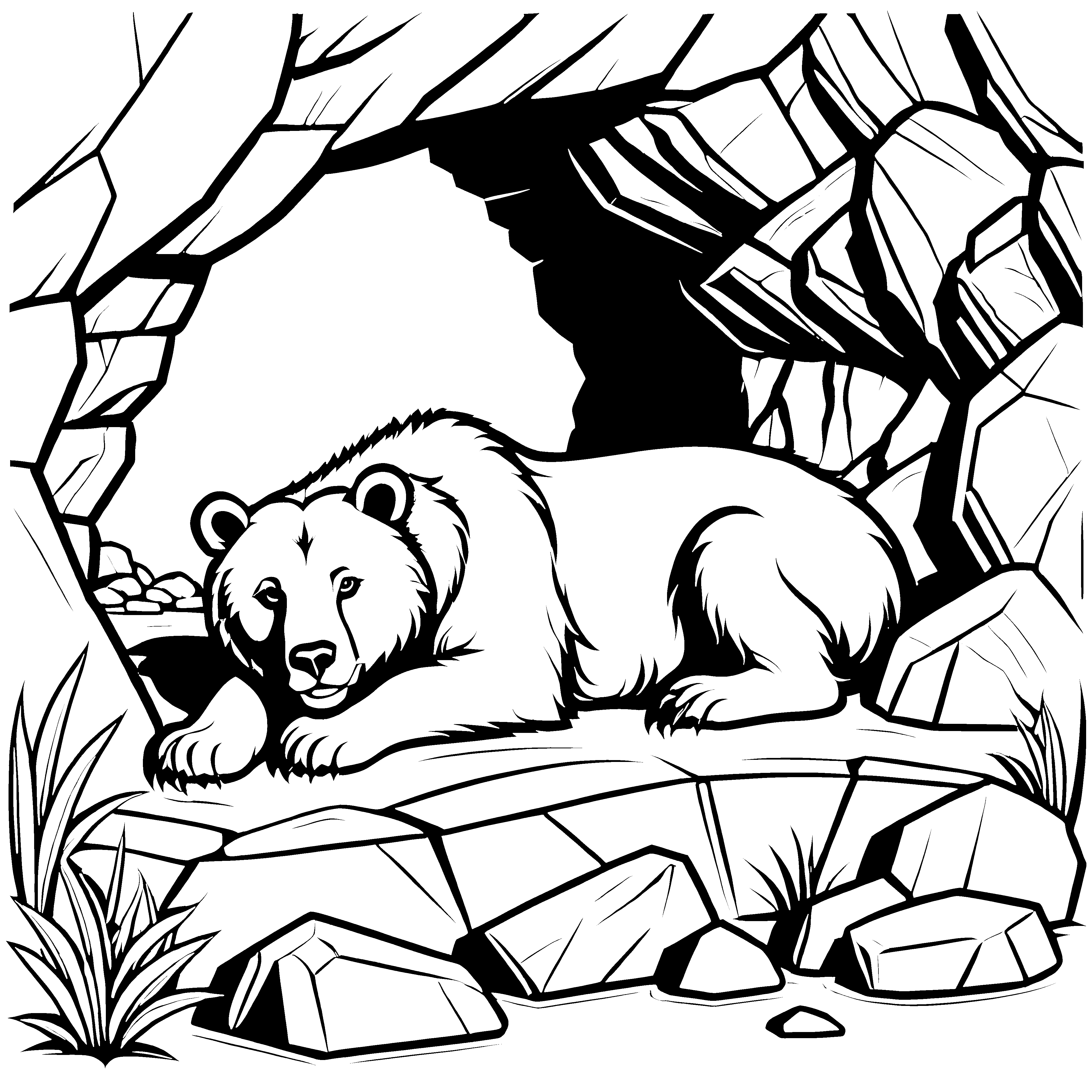 Ruhender Höhlenbär auf Felsen Malvorlage für kleine Naturforscher