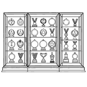 Imposante Vitrine mit glanzvollen Trophäen und Medaillen Ausmalvorlage für ehrgeizige Sieger und kreative Köpfe
