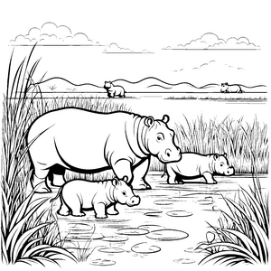 Süße Nilpferdfamilie im Wasser beim Spielen Ausmalmotiv für kleine Naturfreunde