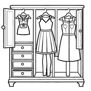Prächtiger Kleiderschrank mit eleganten Kleidern und Herzen Ausmalmotiv für kleine Modezauberer