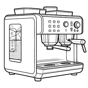 Moderne Kaffeemaschine mit witzigen Kaffeetassen Ausmalmotiv für kleine Kaffeeabenteurer