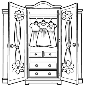 Fantasievoller Kleiderschrank mit bunten Kleidern und Accessoires Ausmalbild für kleine Trendforscher