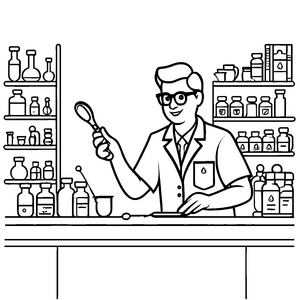 Einzigartiger Apotheker mit Lupe und Löffel Malvorlage für kleine Chemie-Künstler
