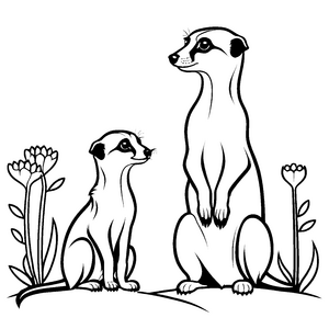 Bezauberndes Erdmännchen mit süßem Baby in Blumenwiese Ausmalbild für fantasievolle Tierfreunde