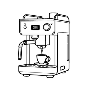 Spannende Kaffeemaschine mit duftendem Kaffeefluss Ausmalvorlage für kleine Genussforscher