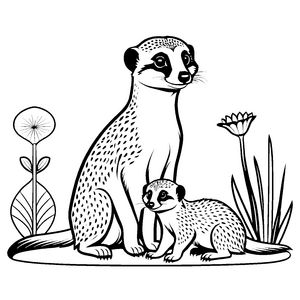Herzerwärmendes Erdmännchen-Mama mit ihrem kleinen Schatz Ausmalvorlage für kleine Naturforscher