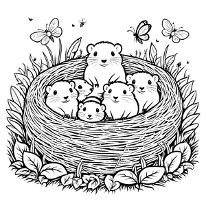 Harmonische Maulwurfbabys in ihrem gemütlichen Nest Ausmalbild für kleine Kuschelkünstler
