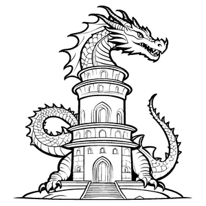 Faszinierender Drache auf majestätischem Turm Ausmalmotiv für kleine Entdecker mit großen Träumen