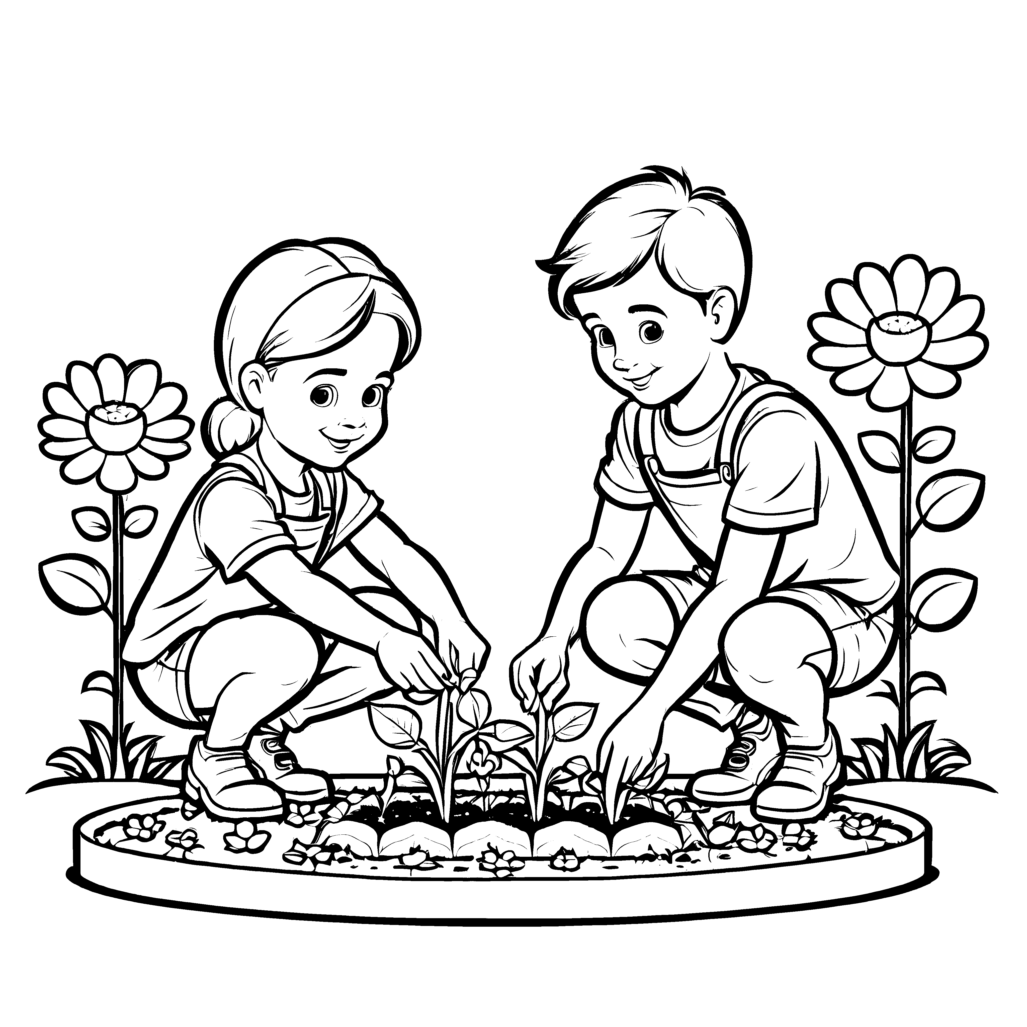 Blühende Kinder beim Pflanzen bunter Blumen Ausmalmotiv für kleine Frühlingsträumer